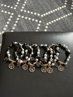 Set of 6 Black & White Beaded Charm Bracelet - Tree of Life and Cross.